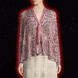 Alice + Olivia ‘Anabel’ Multicolor Burgundy Bohemian Paisley Pussybow Top Size S